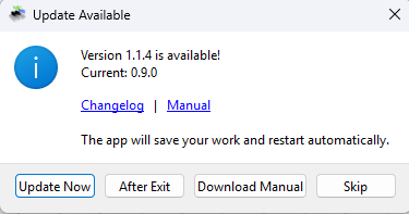 Update Available dialog showing version comparison and four action buttons
